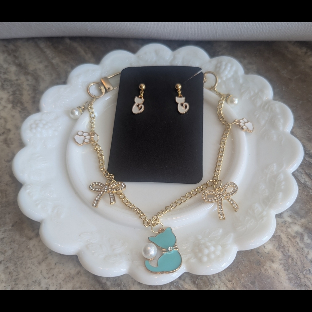 Gold Purse Chain Kitty Cat Pearl & Rhinestone Handbag Jewelry Bag Chain - Picture 4 of 4